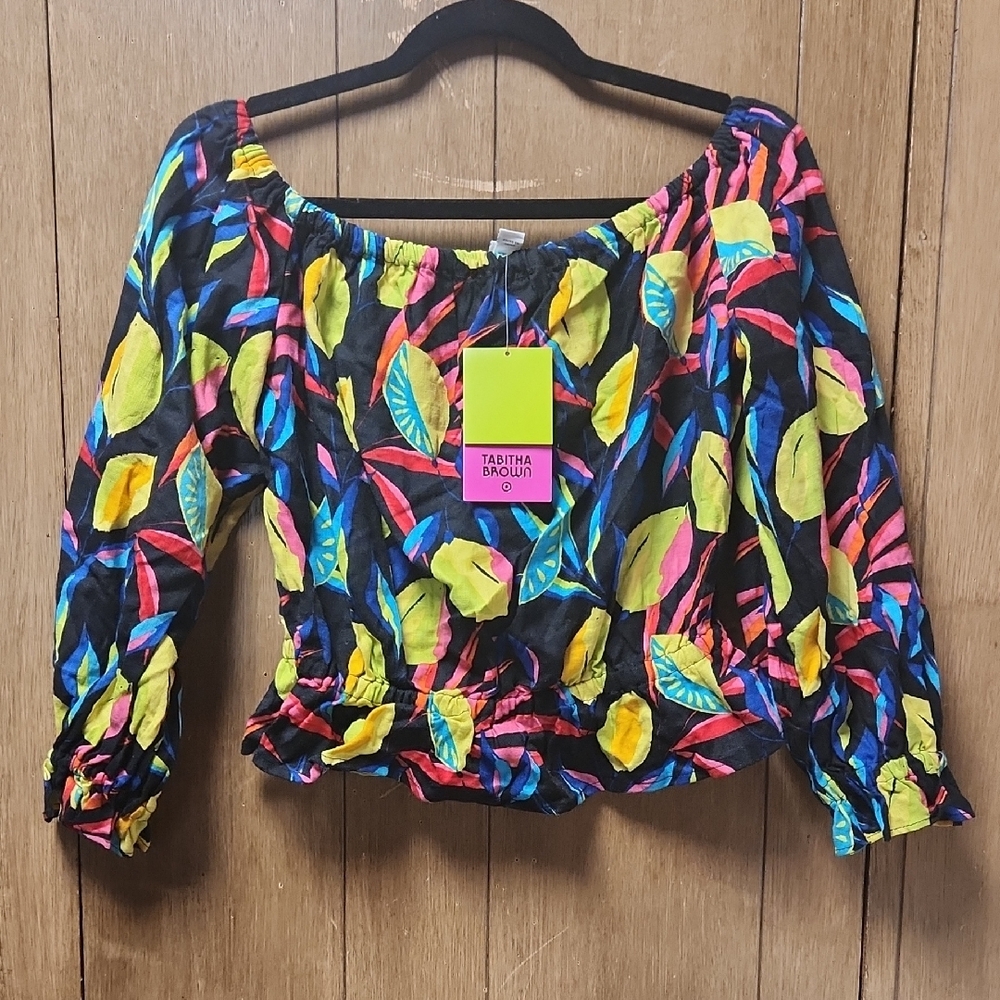 Tabitha Black, Yellow and Pink Off The Sholder Puff Sleeve Crop Blouse